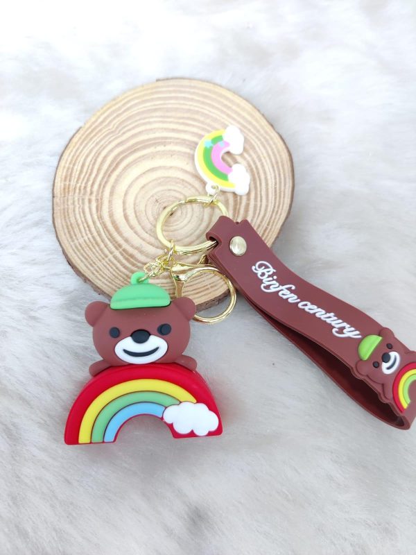 Bear on Rainbow Silicon Keychains with Bagcharm and Strap For Cheap