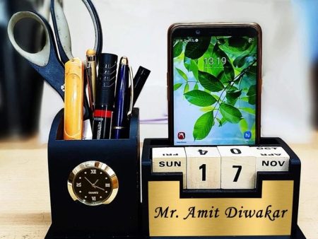 Personalised Wooden Pen Stand With Lifetime Calendar And Watch (No Cod Allowed On This Product) - Prepaid Orders Only Sale