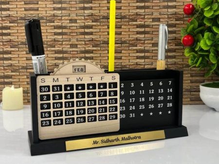 Personalised Wooden Pen Stand With Lifetime Calendar (No Cod Allowed On This Product) - Prepaid Orders Only Online